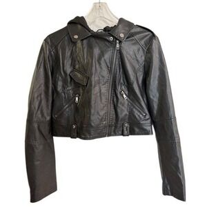 LA Coalition Retro Moto Jacket Y2K Hooded Biker Jacket Black Streetwear Large